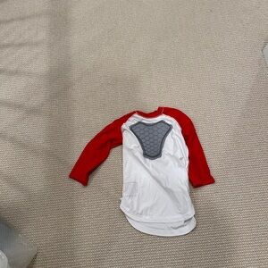 Red and White Long Sleeve Shirt with Gray Patch